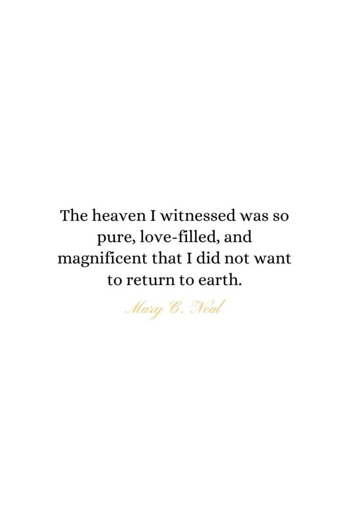 Heaven Quotes (1): The heaven I witnessed was so pure, love-filled, and magnificent that I did not want to return to earth. -  Mary C. Neal, MD