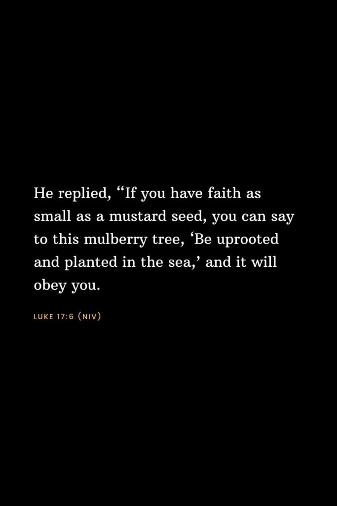 Bible Verses about Faith (10): He replied, “If you have faith as small as a mustard seed, you can say to this mulberry tree, ‘Be uprooted and planted in the sea,’ and it will obey you. Luke 17:6 (NIV)