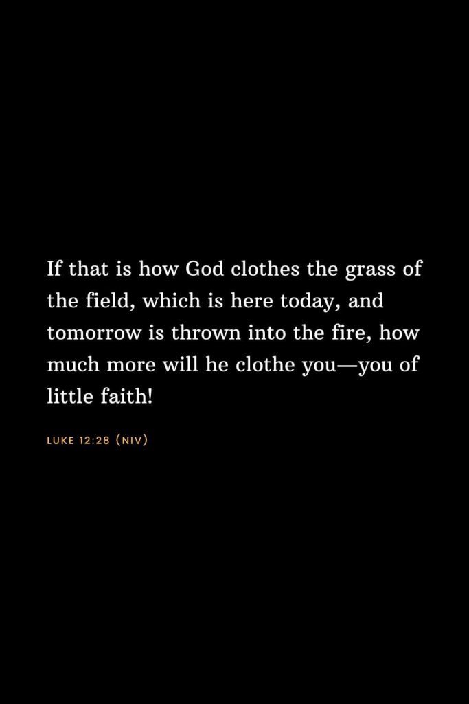 Bible Verses about Faith (9): If that is how God clothes the grass of the field, which is here today, and tomorrow is thrown into the fire, how much more will he clothe you—you of little faith! Luke 12:28 (NIV)