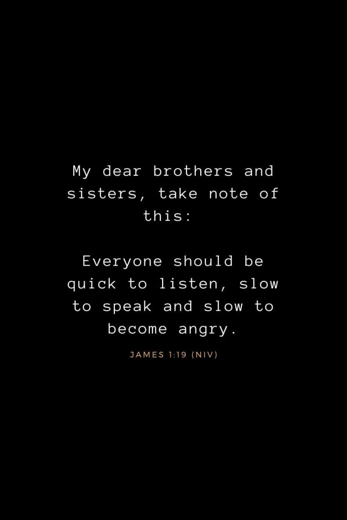 Bible Verses about Life (19): My dear brothers and sisters, take note of this: Everyone should be quick to listen, slow to speak and slow to become angry. James 1:19 (NIV)