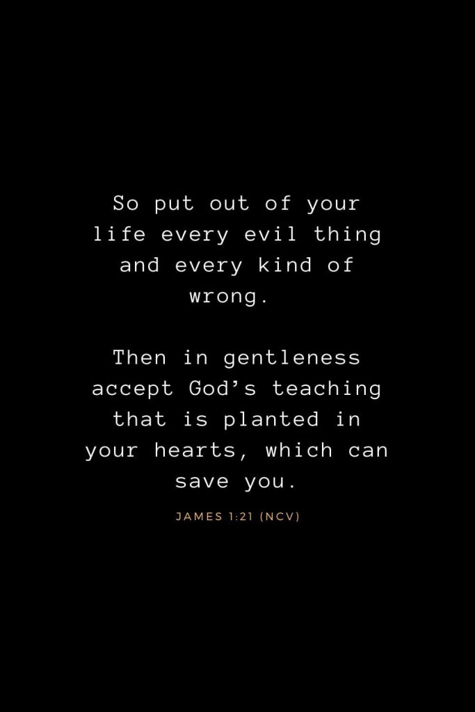 Bible Verses about Life (25): So put out of your life every evil thing and every kind of wrong. Then in gentleness accept God’s teaching that is planted in your hearts, which can save you. James 1:21 (NCV)