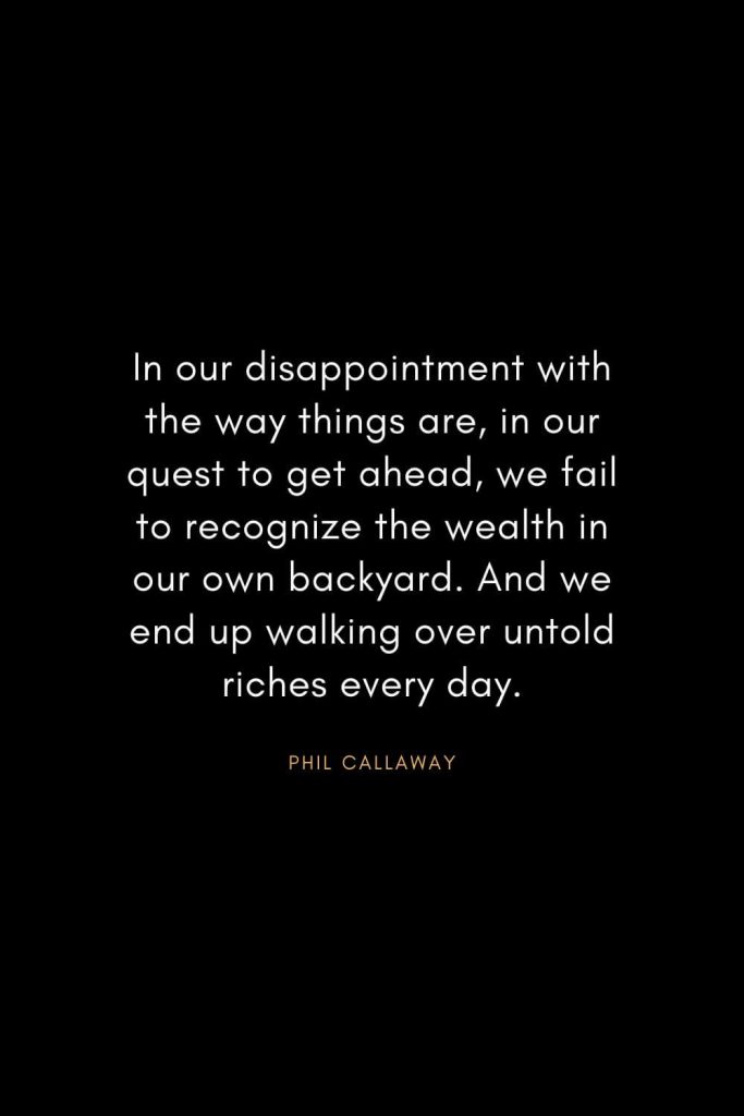 Christian Words of Inspiration (34): In our disappointment with the way things are, in our quest to get ahead, we fail to recognize the wealth in our own backyard. And we end up walking over untold riches every day. - Phil Callaway