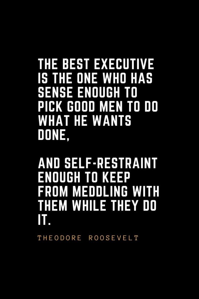 Leadership Quotes (24): The best executive is the one who has sense enough to pick good men to do what he wants done, and self-restraint enough to keep from meddling with them while they do it. — Theodore Roosevelt