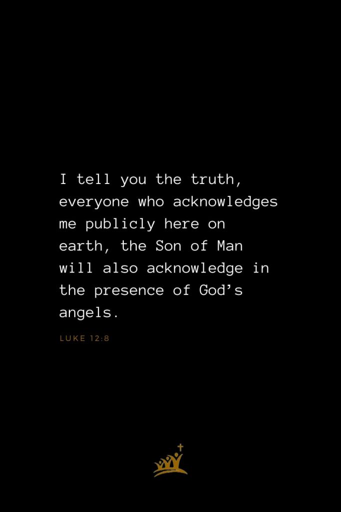 Bible Verses about Christ (17): I tell you the truth, everyone who acknowledges me publicly here on earth, the Son of Man will also acknowledge in the presence of God’s angels. Luke 12:8