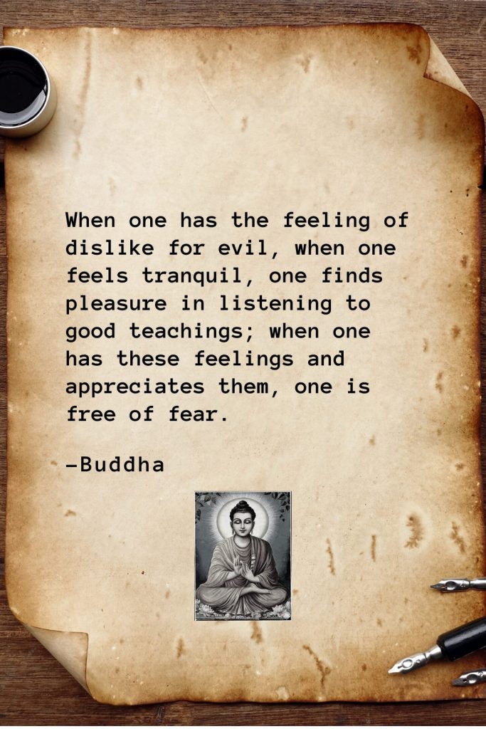 Buddha Quotes (51): When one has the feeling of dislike for evil, when one feels tranquil, one finds pleasure in listening to good teachings; when one has these feelings and appreciates them, one is free of fear.