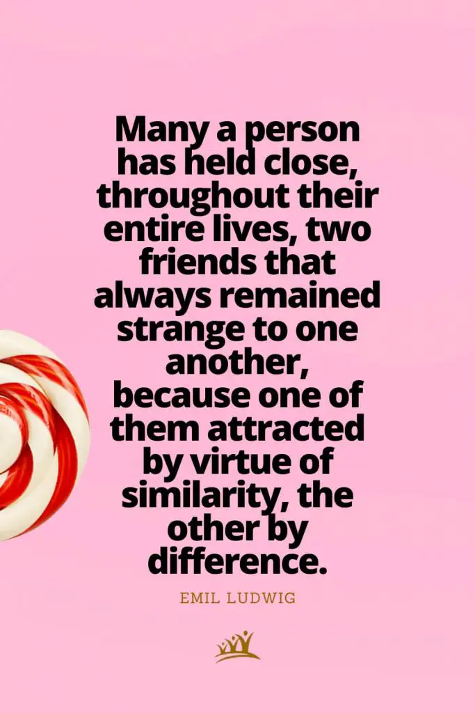 Many a person has held close, throughout their entire lives, two friends that always remained strange to one another, because one of them attracted by virtue of similarity, the other by difference. – Emil Ludwig