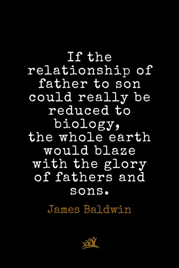 James Baldwin Quotes (12): If the relationship of father to son could really be reduced to biology, the whole earth would blaze with the glory of fathers and sons.