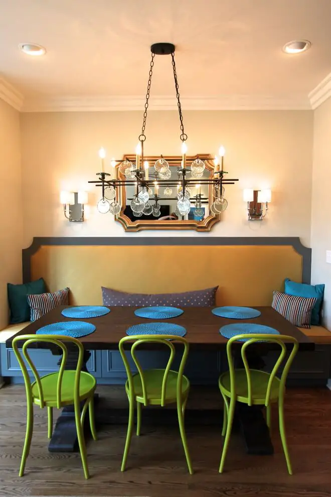 Among the many highlights of this elegant Chicago kitchen banquette area designed by Lisa Wolfe is the Sethos chandelier