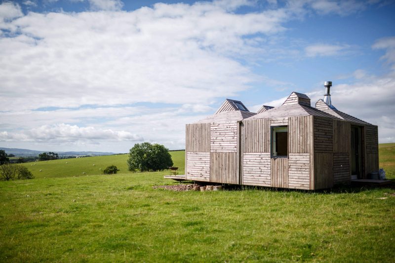 Brockloch Bothy sits remotely on the farm and the off grid building's distinctive pyramid roofs have integral solar panels and skylights for stargazing under Galloway's Dark Skies.