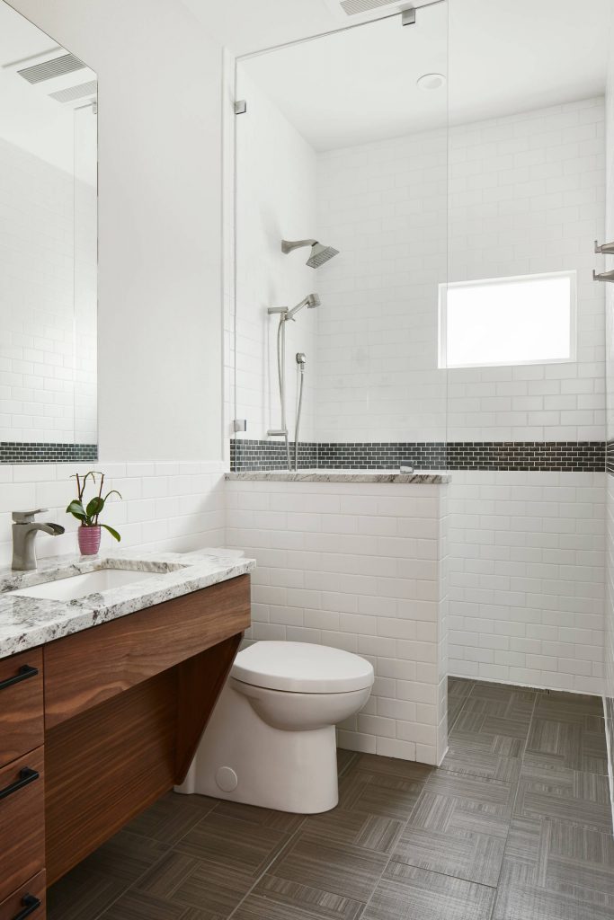 Example of a mid sized transitional white tile and subway tile gray floor bathroom design