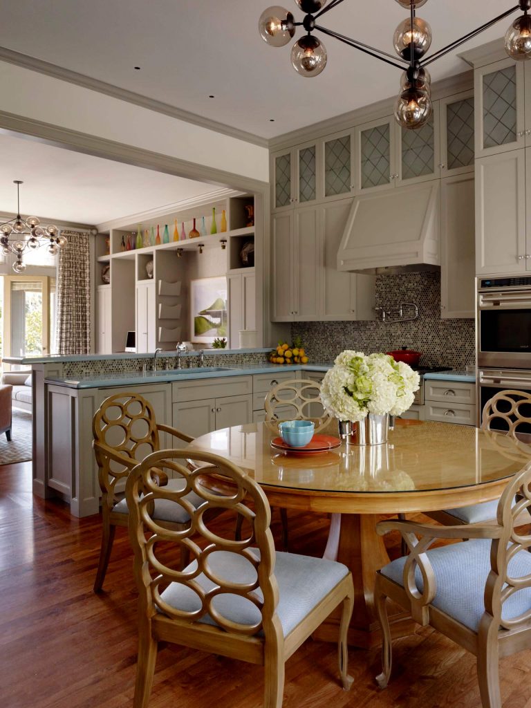 Kitchen contemporary kitchen idea in San Francisco with mosaic tile backsplash, multicolored backsplash, recessed panel cabinets and turquoise countertops