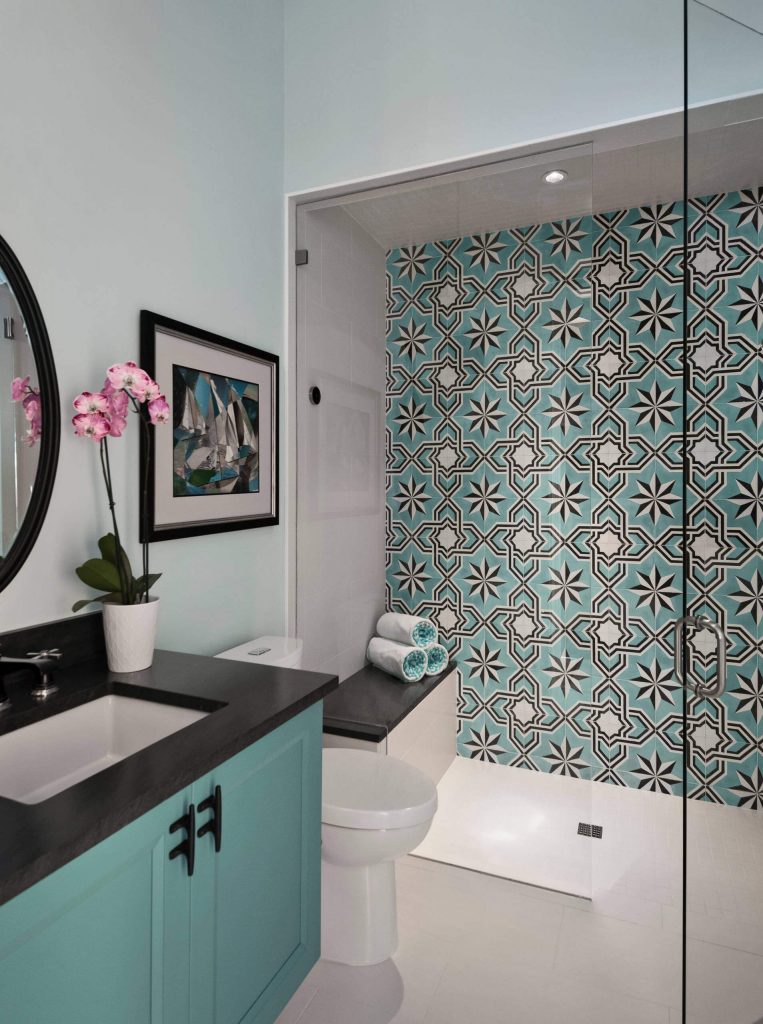 Mid sized transitional multicolored tile and cement tile white floor and porcelain floor bathroom photo