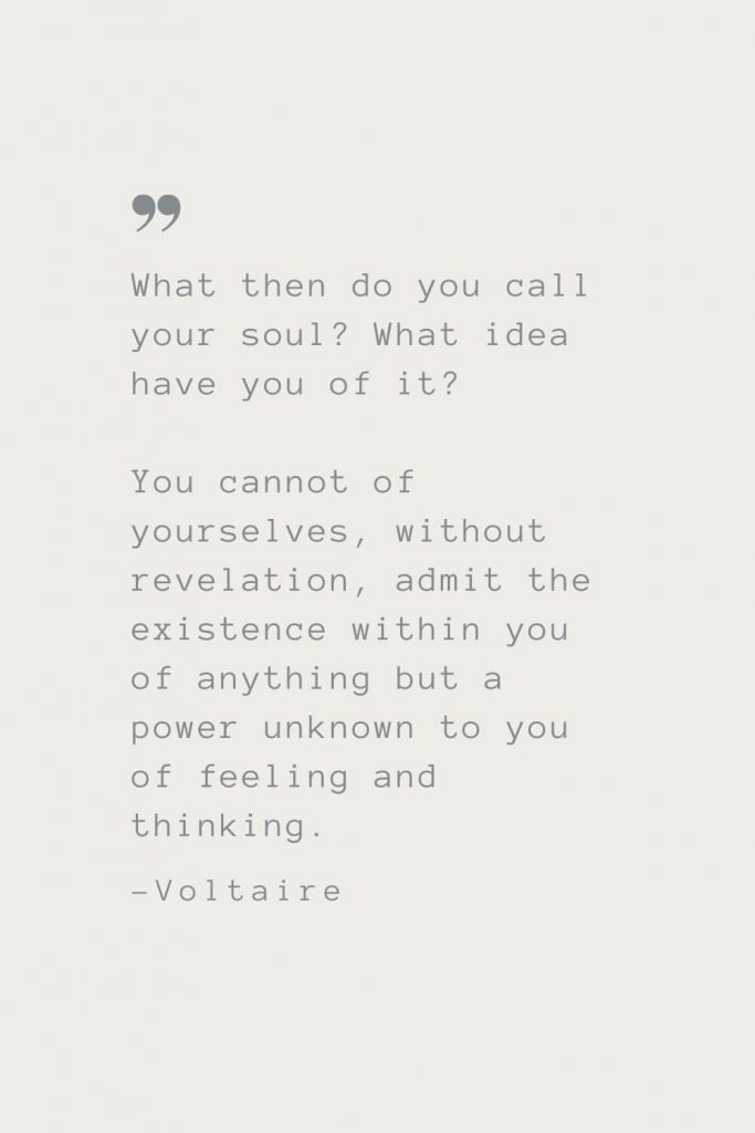 What then do you call your soul? What idea have you of it? You cannot of yourselves, without revelation, admit the existence within you of anything but a power unknown to you of feeling and thinking. –Voltaire