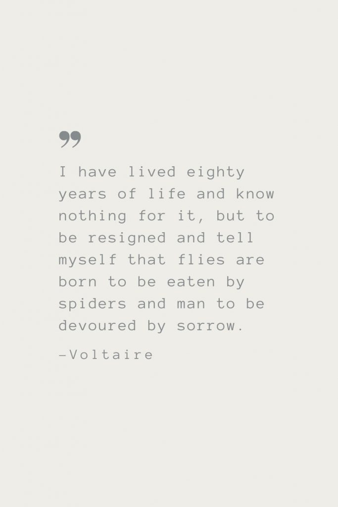 I have lived eighty years of life and know nothing for it, but to be resigned and tell myself that flies are born to be eaten by spiders and man to be devoured by sorrow. –Voltaire