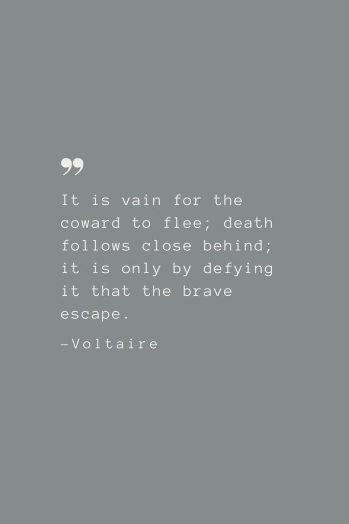 It is vain for the coward to flee; death follows close behind; it is only by defying it that the brave escape. –Voltaire