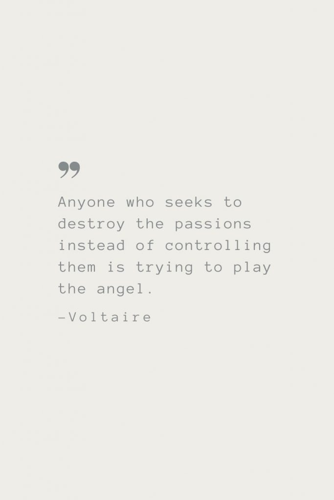 Anyone who seeks to destroy the passions instead of controlling them is trying to play the angel. –Voltaire