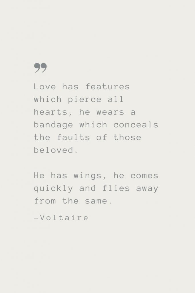 Love has features which pierce all hearts, he wears a bandage which conceals the faults of those beloved. He has wings, he comes quickly and flies away from the same. –Voltaire