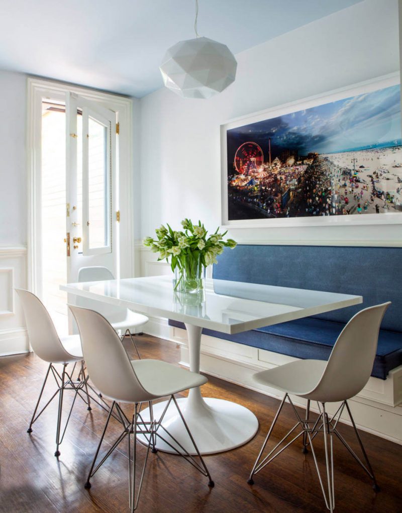 elegant banquette with matching trim for a breakfast area on Manhattan’s Upper East Side