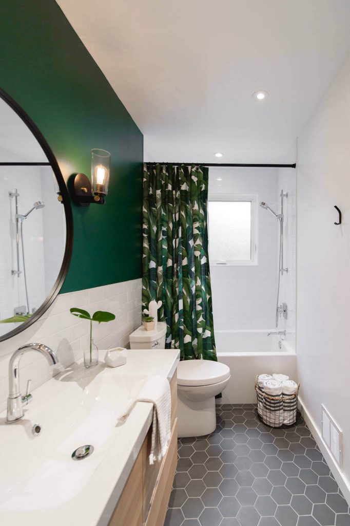 white tile and subway tile ceramic floor and gray floor bathroom