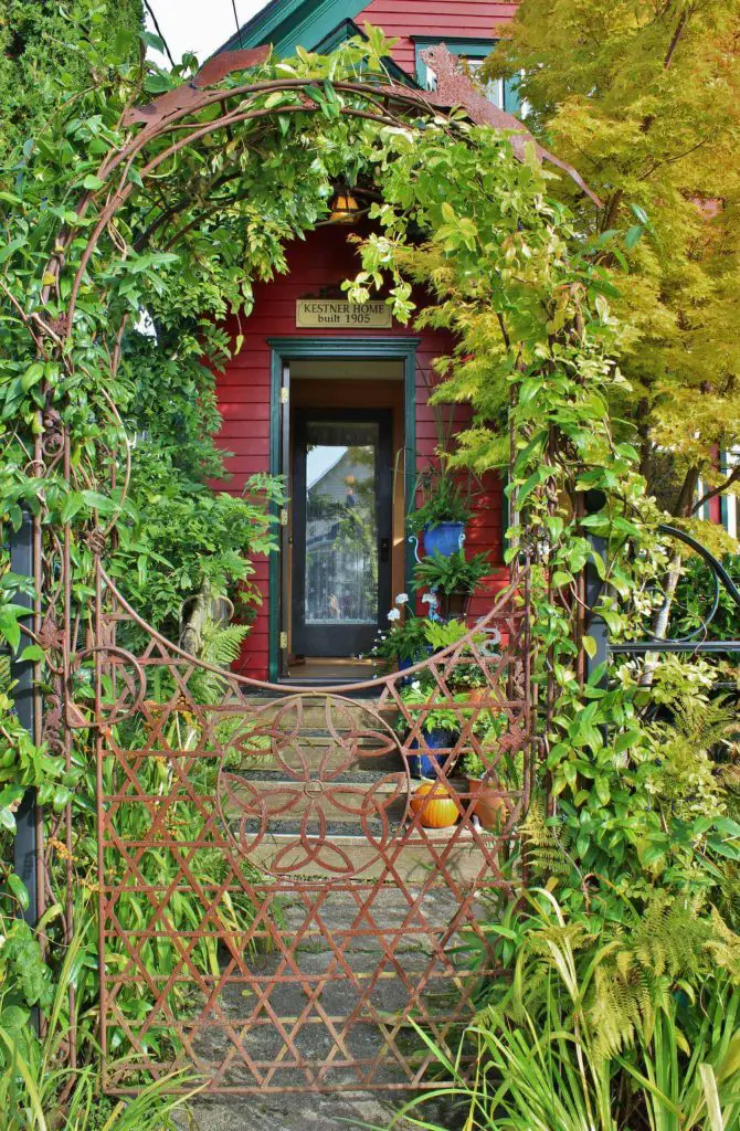 This metal garden gate in front of a Seattle home was designed by the fire chief of nearby Lummi Island.