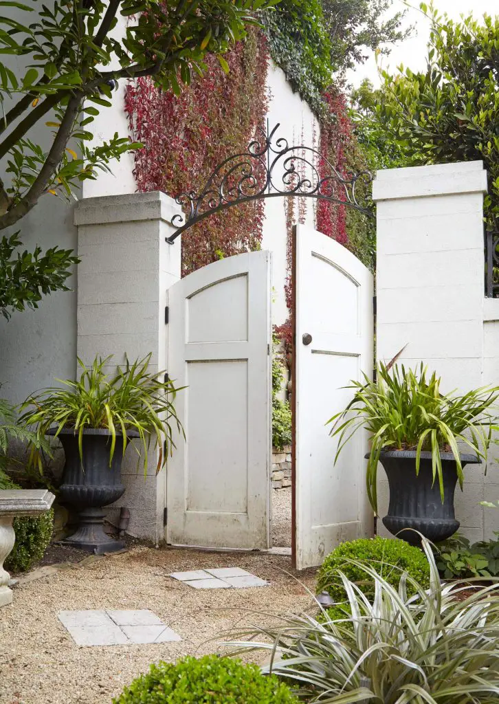 Two large black urns filled with orchids front this white garden gate in San Francisco